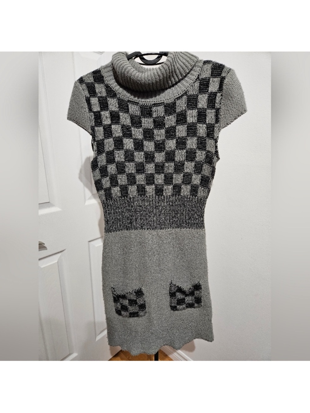 Say What? Gray & Black Checkered Turtleneck Mini Dress